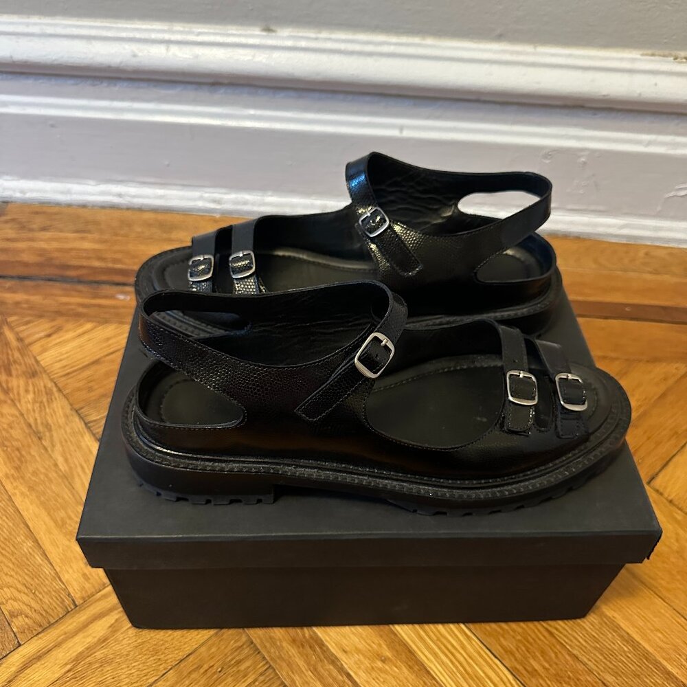 Rachel Comey Adams Sandal Black Lizard Print Leather Womens Size 10
